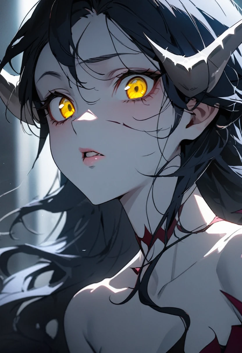photo(portrait, from the front, close up, facing camera) of a woman(solo, succubus, long wavy hair, dark blue hair, light blue skin, androgynous face, yellow eyes, thin lips, four silver horns, Inhuman, Irresistible, Menacing, Violent), hentai game, anime, best quality, masterpiece, maximum detail, high resolution