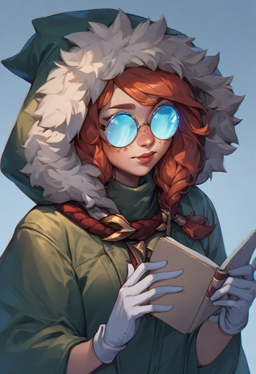 check_9, check_8_up, check_7_up, Polar Lights (League of Legends), 1 girl, freckles, bang, Hair, green raincoat, fur trim, hood up, the library, round glasses, opaque glasses, White gloves, Holding a book, Open the book