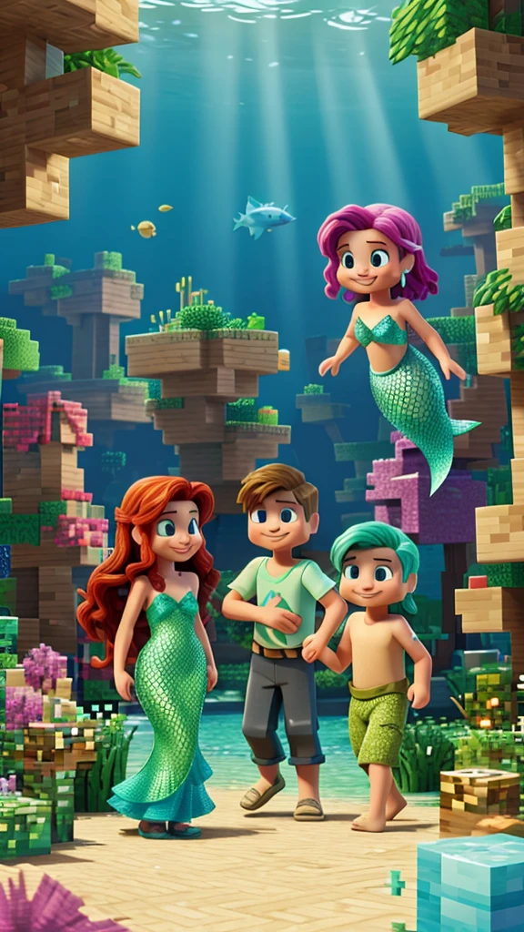 Background with two characters , a mermaid and steve, by Minecraft , where an environment comes to light according to those 3 characters but separately  , with happy colors , striking and pasteurized tridi, of very good quality and that is for children&#39;s taste, but respecting, the division of both characters
