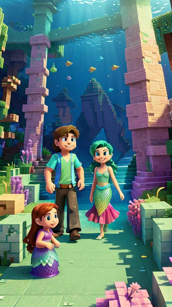 Background with two characters , a mermaid and steve, by Minecraft , where an environment comes to light according to those 3 characters but separately , with happy colors , striking and pasteurized tridi, of very good quality and that is for children's taste, but respecting, the division of both characters
