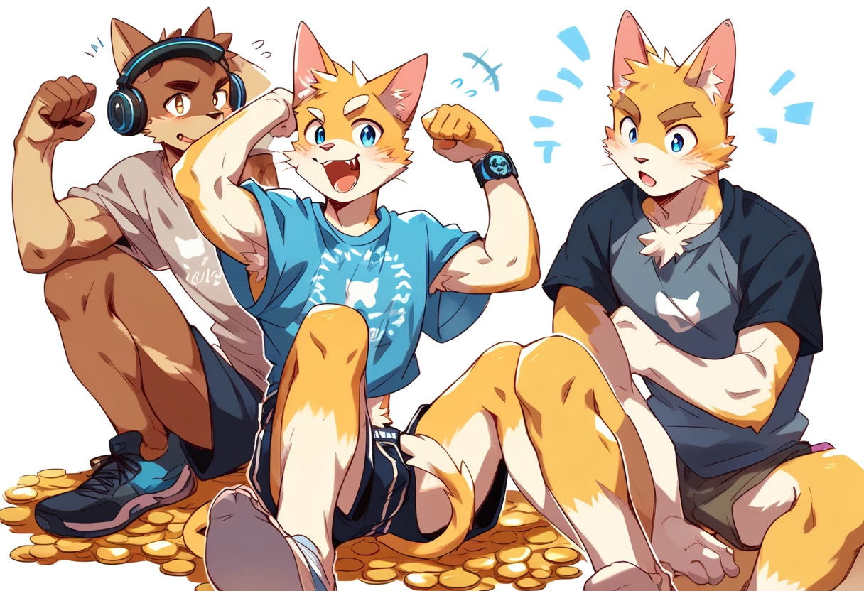 score_9, score_8_up, score_7_up, male, furry, high quality, hires, anthro, ager, 16 ymestic cat, bright yellow fur, blue eyes, wide brown eyebrows, an excited expression, humanoid feet, slim body, prominent v-line, prominent abs, prominent legs, prominent forearm, prominent knees, white background, treasure trail, armpit hair, furry legs, headphones, casual clothes, joggers, shorts, showing off, sitting, patting his abdomen, flexing