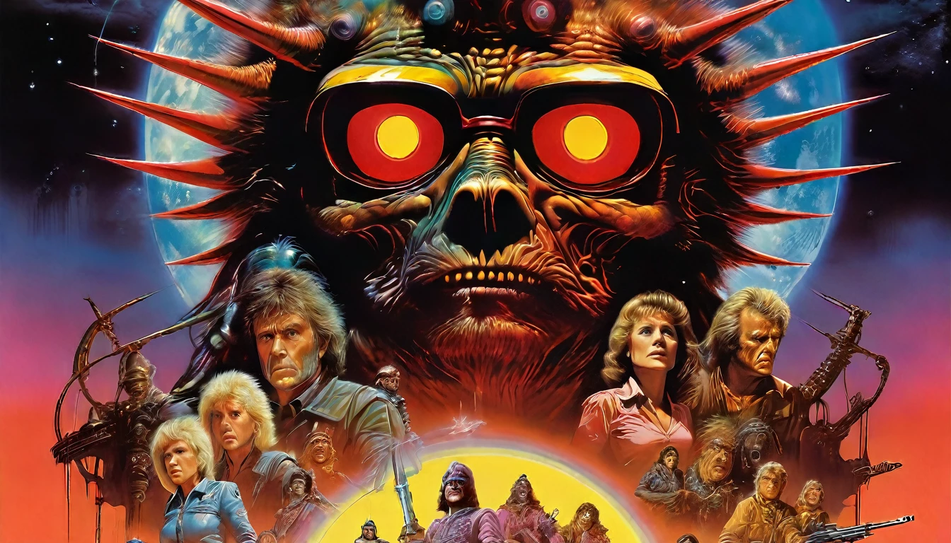 a movie poster for (Galaxy of Terror) inspired by Clyde Caldwell, futuristic apocalypse, stalenhag, metal album cover, gwar, heavy metal band promo, wayne barlowe pierre pellegrini, retro sci fi, by Moebius, movie poster promo, ultra detailed, complex, sharp focus, object texture, studio photo, intricate details, highly detailed, Real Photo style, hyper-realistic, high dynamic range, rich colors, realistic textures, 8K uhd, high color depth, Nikon D 850, Kodak 400 port, fujifilm XT, (cinematic film:3.1)