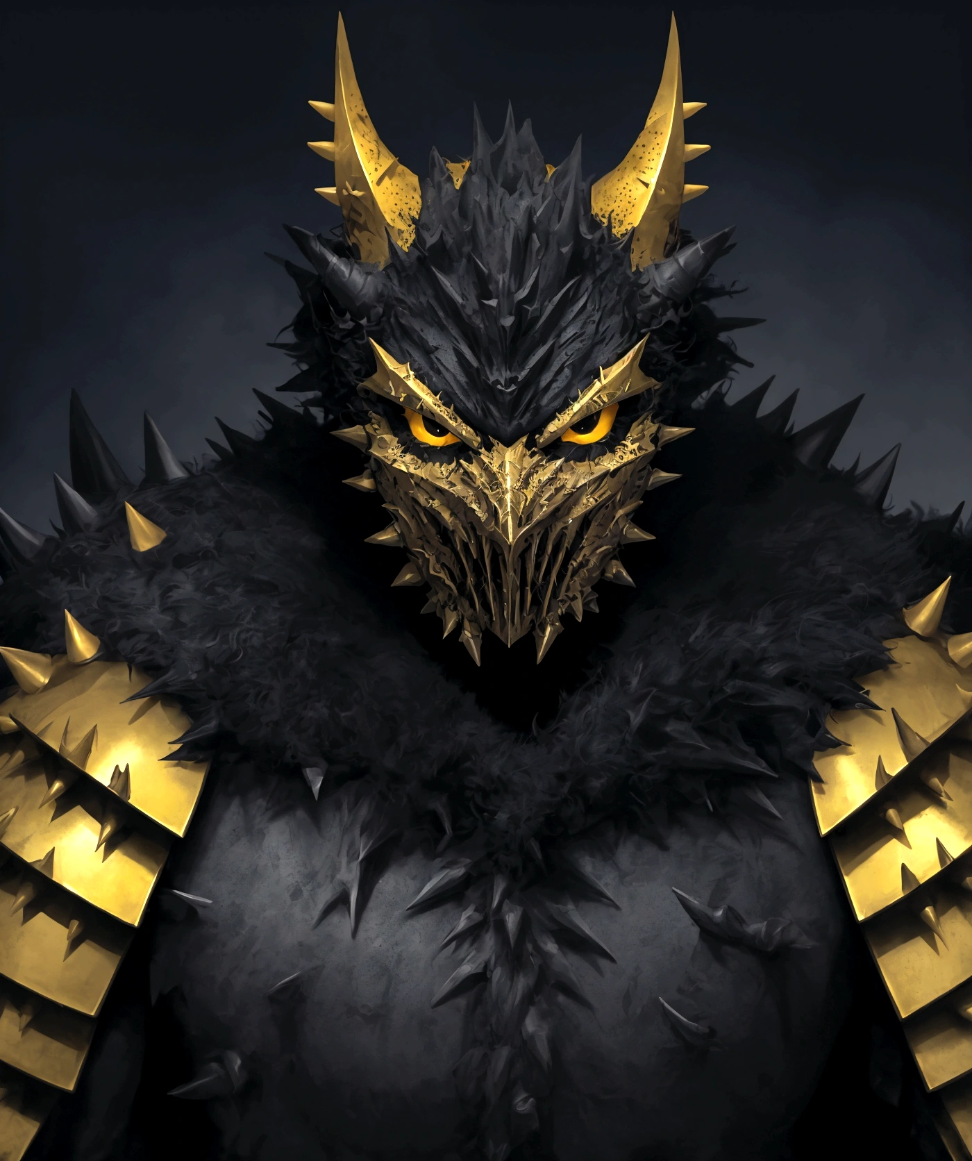 (extremely detailed 8k wallpaper), a medium shot photo of Grim dressed as a scary masked yellow furry-supervillain in a yellow spiked armour made of fur glowing armour with spikes from marvel, theme, intricate, high detail, dramatic, furry monster and destroyed buildings in the background