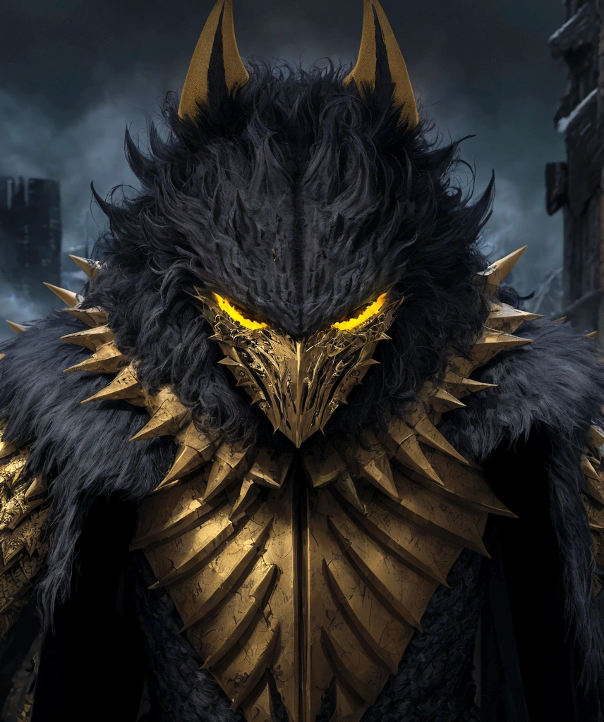 (extremely detailed 8k wallpaper), a medium shot photo of Grim dressed as a scary masked yellow furry-supervillain in a yellow spiked armour made of fur glowing armour with spikes from marvel, theme, intricate, high detail, dramatic, furry monster and destroyed buildings in the background
