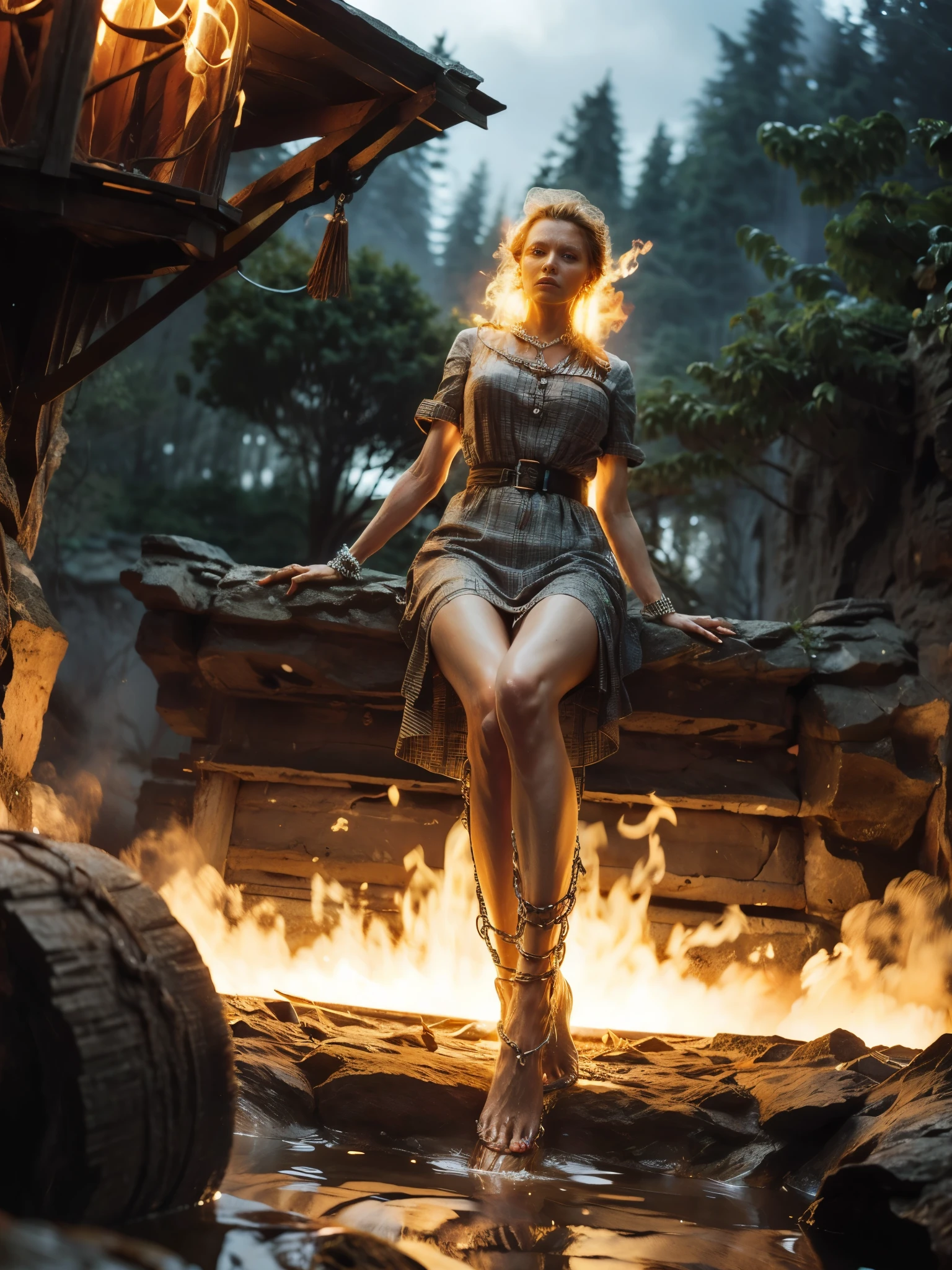 RUSTY CHAINS, (lens flare, bokeh, Wide-Angle, Ultra-Wide Angle, from below, from side, wide shot, isometric, afterimage, partially underwater shot), (from below:1.5), ((Detailed eyes)), [fire elemental woman in chain:1.3], [chains at the ankles], [chains at the ankles], [chains at the ankles:1.3], [the chains on the wrists], [the chains on the wrists], [the chains on the wrists], bare feet, full body chain, dirty fire elemental woman chained to a chair in a cage, lab-coat doctor dress, nurse's cap with red cross, white torn stockings, broken glasses, woman in chain in a cage, iron bars, desperate expression, worried alice in wonderland chained in a cage, concerned about future, brunette, realistic hands, bars in the window. Blurred foreground. Waterfalls, rain, storm. Fire, flames.