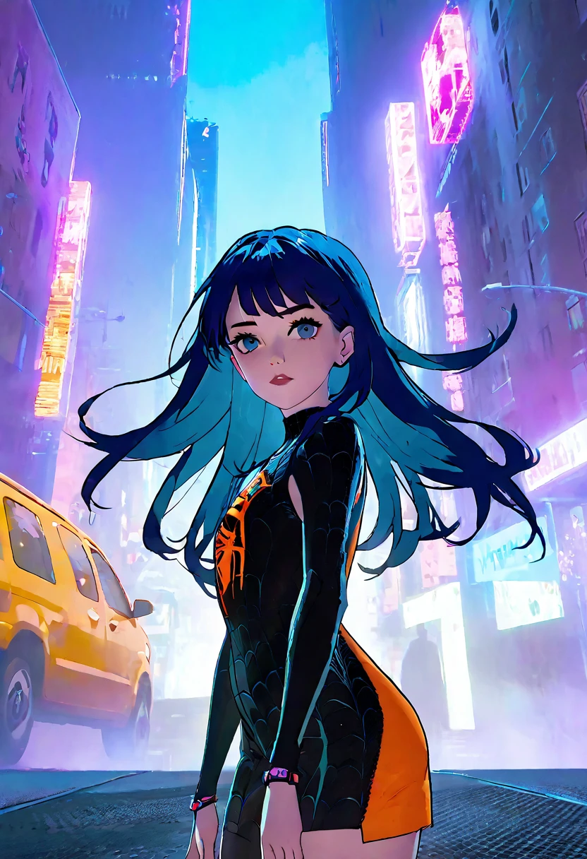 (Masterpiece, 8K, UHD, high resolution: 1.4), Jinx in the Spider-Verse style, (long, vibrant blue hair: 1.3), (bright and expressive eyes: 1.2), (stylized punk outfit with technological elements: 1.2), (dynamic and energetic pose: 1.2), (background with a futuristic and neon city: 1.1), (cartoon effects and layered graphics: 1.3), (vibrant and electrifying atmosphere: 1.3), intricate and stylized details, (elements of fantasy and action: 1.2), (dynamic and captivating perspective: 1.3)