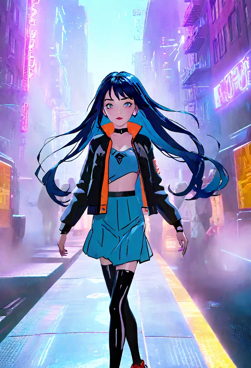 (Masterpiece, 8K, UHD, high resolution: 1.4), Jinx in the Spider-Verse style, (long, vibrant blue hair: 1.3), (bright and expressive eyes: 1.2), (stylized punk outfit with technological elements: 1.2), (dynamic and energetic pose: 1.2), (background with a futuristic and neon city: 1.1), (cartoon effects and layered graphics: 1.3), (vibrant and electrifying atmosphere: 1.3), intricate and stylized details, (elements of fantasy and action: 1.2), (dynamic and captivating perspective: 1.3)