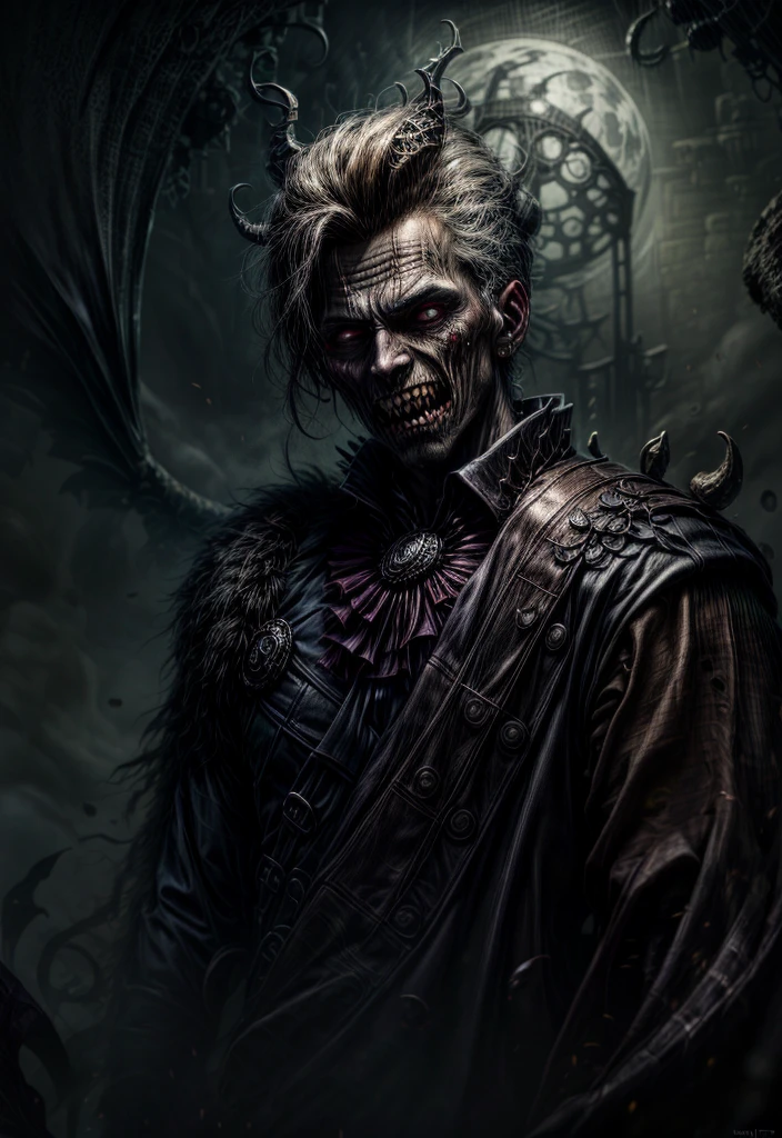 image of a man in a dark suit against the backdrop of the full moon, dark fantasy portrait, portrait of a blood hunter, dark fantasy art, dark fantasy character design, Fantasy portrait, Epic fantasy portrait, portrait of the old necromancer, dark fantasy, mixed with realism, wide mouth with fangs, sharp teeth, torn mouth, teeth like a monster, Human, красивый Human средних лет, gothic outfit, medieval outfit, bright background