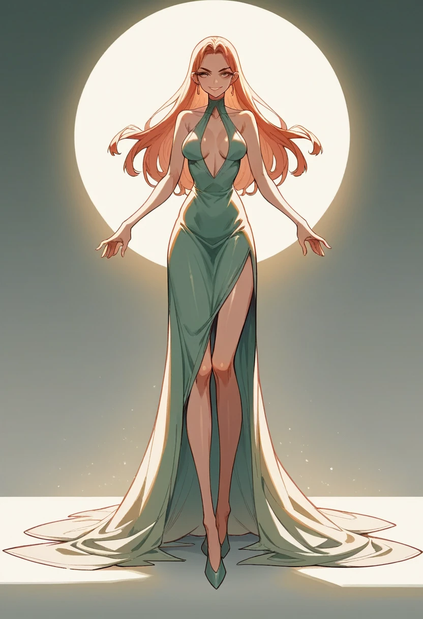 masterpiece, (((girl wearing a very revealing deep plunge dress, standing))), medium breasts, ((long legs)), lewd, provocative expression, (sexy pose), smooth and shiny skin, (dramatic lighting), UHD, high detail, high quality, dynamic angles, captivating beauty, long hair, alluring pose, high-resolution detail, radiant smile