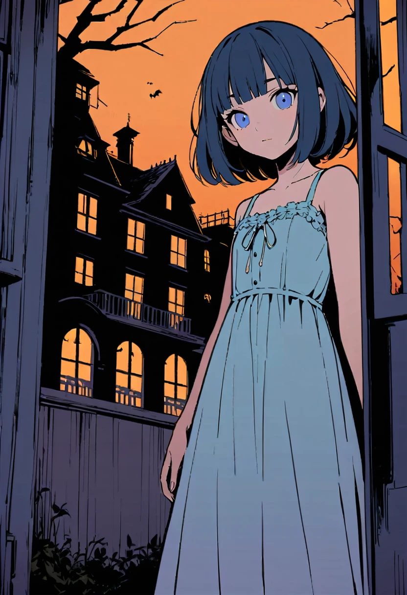 Flat Color,(Haunted house),(Girl waving from the window of a mansion),Sundress,Boogie Smile,Spooky atmosphere,evening, Blake, 16 years old,Beautifully detailed face,(Navy hair color),(Wavy Short Hair),Parallel eyebrows,Dark blue eyes with large irises,Blunt bangs,Small Nose, Fresh lips,Small breasts,(5 feet tall)),
