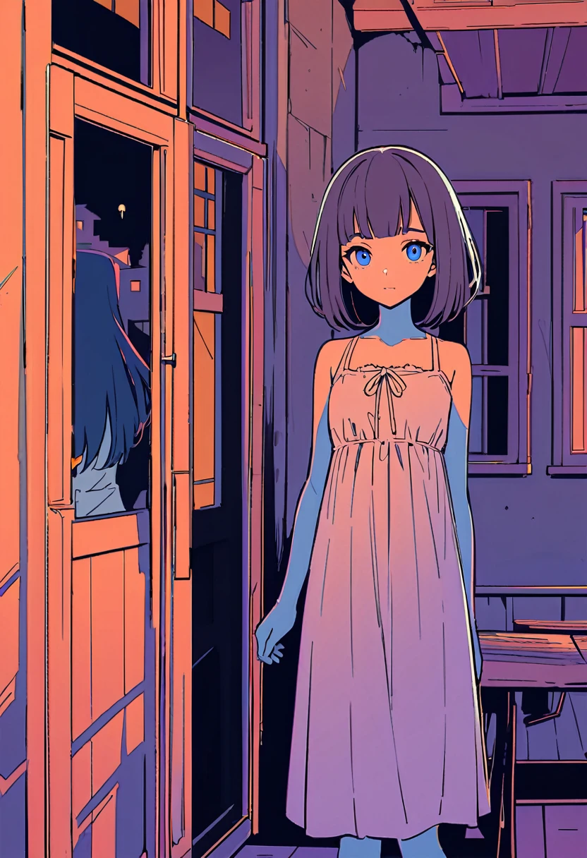 Flat Color,(Haunted house),(Girl waving from the window of a mansion),Sundress,Boogie Smile,Spooky atmosphere,evening, Blake, 16 years old,Beautifully detailed face,(Navy hair color),(Wavy Short Hair),Parallel eyebrows,Dark blue eyes with large irises,Blunt bangs,Small Nose, Fresh lips,Small breasts,(5 feet tall)),