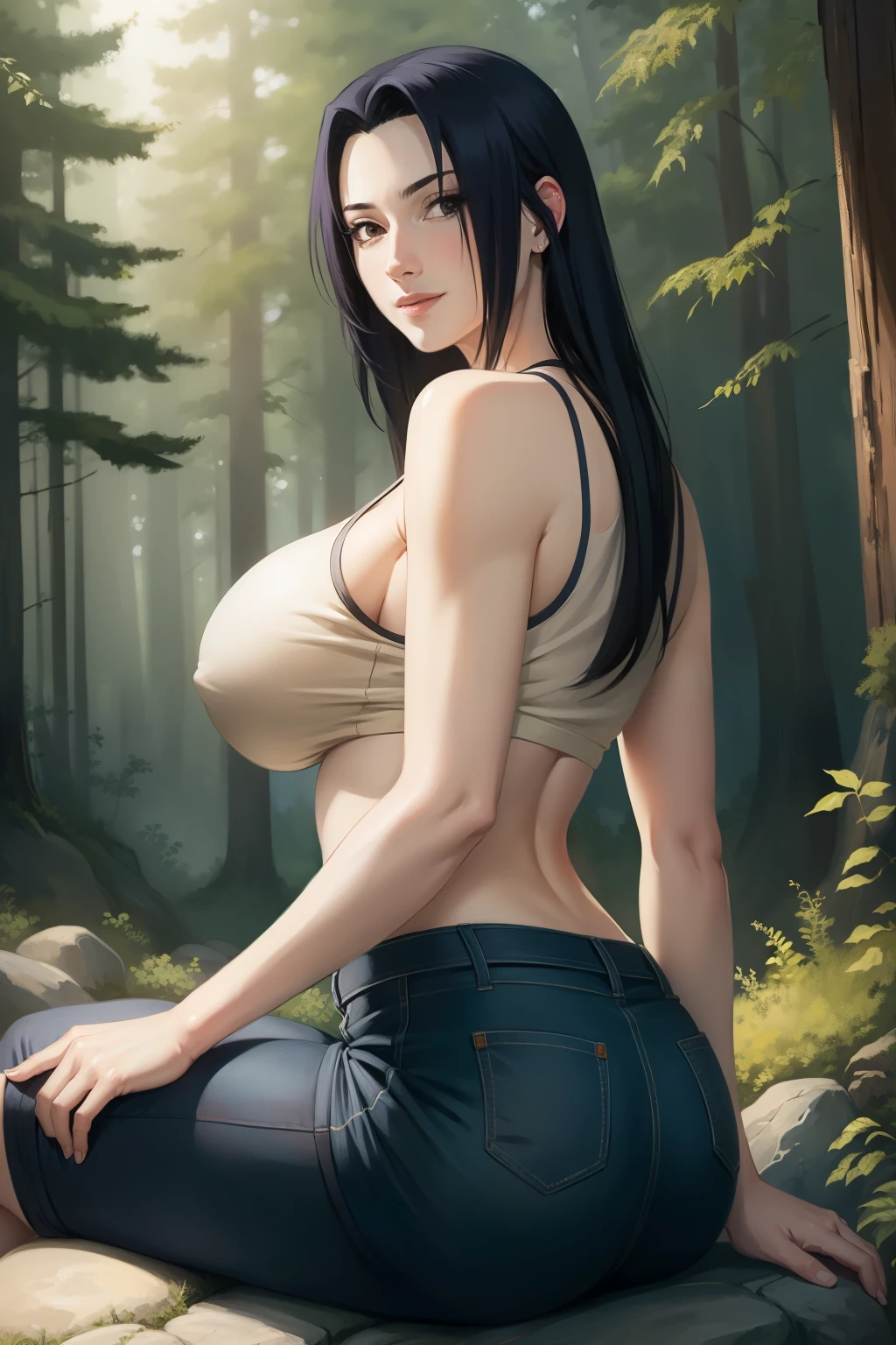 Mikoto Uchiha, oil painting, highly detailed, realistic, portrait, bright colors, soft lighting, (best quality, 4k,8k, height, masterpiece: 1.2), (big round breasts: 1.5), professional, long black hair, eyes black, beautiful detailed eyes and face, very detailed smile, long eyelashes, sitting on a rock, looking towards the viewer, very short top, big butt, bare shoulders, white shorts, outdoors, forest, cowboy shot, collarbone.