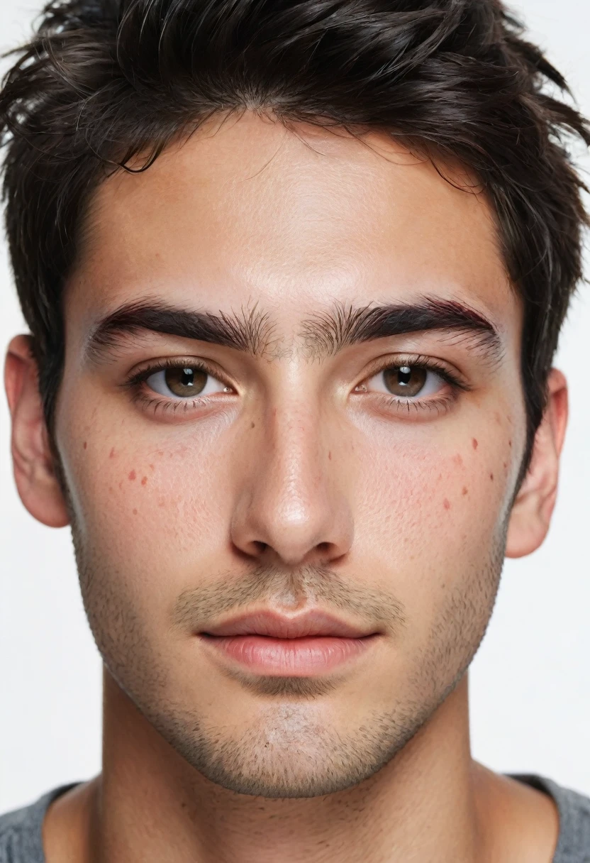 A white young man with a rectangular face, Brazilian, appearing to be around 25 years old. He has black hair, short and slightly messy in the front, with some strands falling over his forehead. His skin shows signs of dermatological irritation, with visible redness in the forehead area, mainly between the eyebrows and nose, as well as red spots on the cheeks and jaw. His face is beatiful, with well-defined facial features. He has large, dark eyes, thin, contoured eyebrows and a straight nose. His lips are medium in size, and he has stubble, indicating that he has not shaved recently. Handsome,beatiful, epic photo