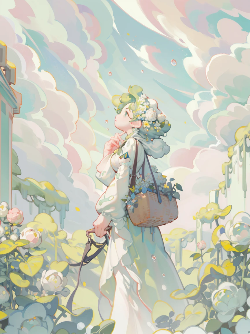 Epic CG matte painting, Wide view, Pale green clouds, borgar, A garden full of flowers on the clouds, A few drops of water fell from the clouds, A sea of pale green roses, high-definition image, illusory engine, ArtStation 4k HD trend