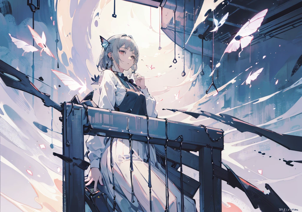 (masterpiece, top quality, best quality,official art, beautiful and aesthetic:1.2),(1girl:1.3), gray hair, butterflys