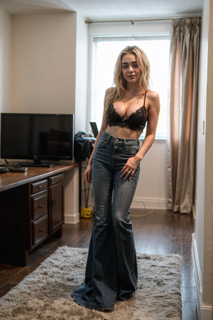 Sabrina Carpenter, designer clothes, cleavage, new york apartment
