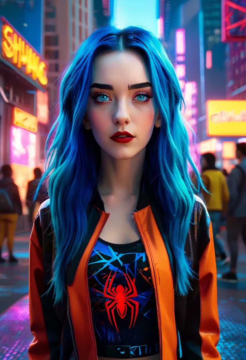 (Masterpiece, 8K, UHD, high resolution: 1.4), Jinx in the Spider-Verse style, (long, vibrant blue hair: 1.3), (bright and expressive eyes: 1.2), (stylized punk outfit with technological elements: 1.2), (dynamic and energetic pose: 1.2), (background with a futuristic and neon city: 1.1), (cartoon effects and layered graphics: 1.3), (vibrant and electrifying atmosphere: 1.3), intricate and stylized details, (elements of fantasy and action: 1.2), (dynamic and captivating perspective: 1.3)