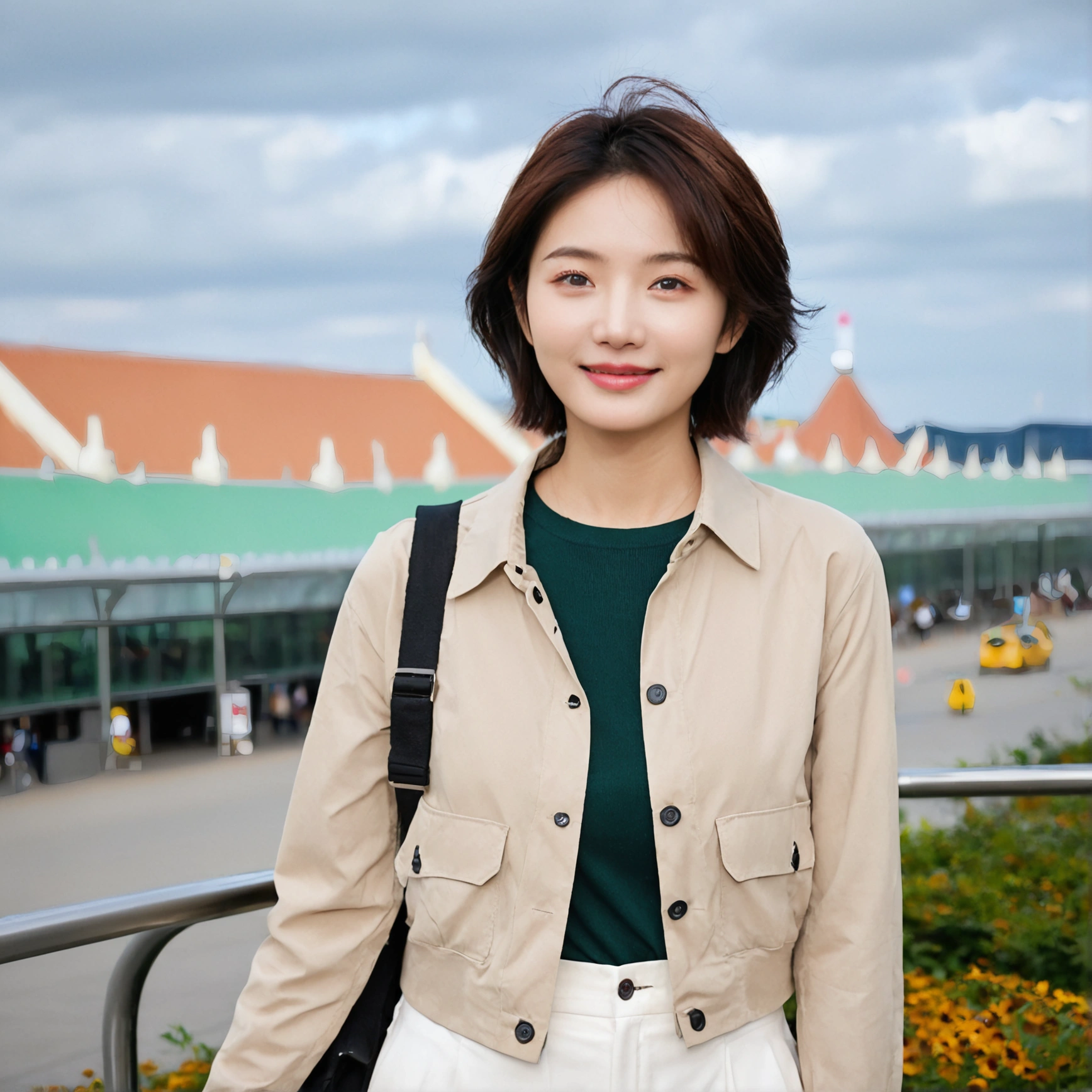 beautiful korean girl , 32 inch chest size, Your eyes are big and pretty. Short in stature. Standing in the departure hall of the airport. . short medium hair, Standing in line at the departure hall of Frankfurt Airport, Germany. He wore a white shirt, a green jumper, and white casual pants.s.Dragging a suitcase. short medium hair, short height, Full body shot with Canon camera 16-35 wide angle lens, short medium hair. expressionless, full body shot, uhd