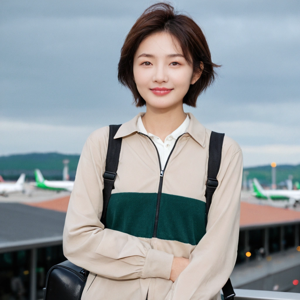 beautiful korean girl , 32 inch chest size, Your eyes are big and pretty. Short in stature. Standing in the departure hall of the airport. . short medium hair, Standing in line at the departure hall of Frankfurt Airport, Germany. He wore a white shirt, a green jumper, and white casual pants.s.Dragging a suitcase. short medium hair, short height, Full body shot with Canon camera 16-35 wide angle lens, short medium hair. expressionless, full body shot, uhd