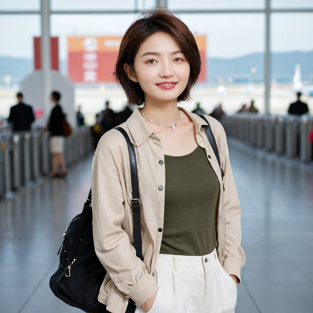 beautiful korean girl , 32 inch chest size, Your eyes are big and pretty. Short in stature. Standing in the departure hall of the airport. . short medium hair, Standing in line at the departure hall of Frankfurt Airport, Germany. He wore a white shirt, a green jumper, and white casual pants.s.Dragging a suitcase. short medium hair, short height, Full body shot with Canon camera 16-35 wide angle lens, short medium hair. expressionless, full body shot, uhd