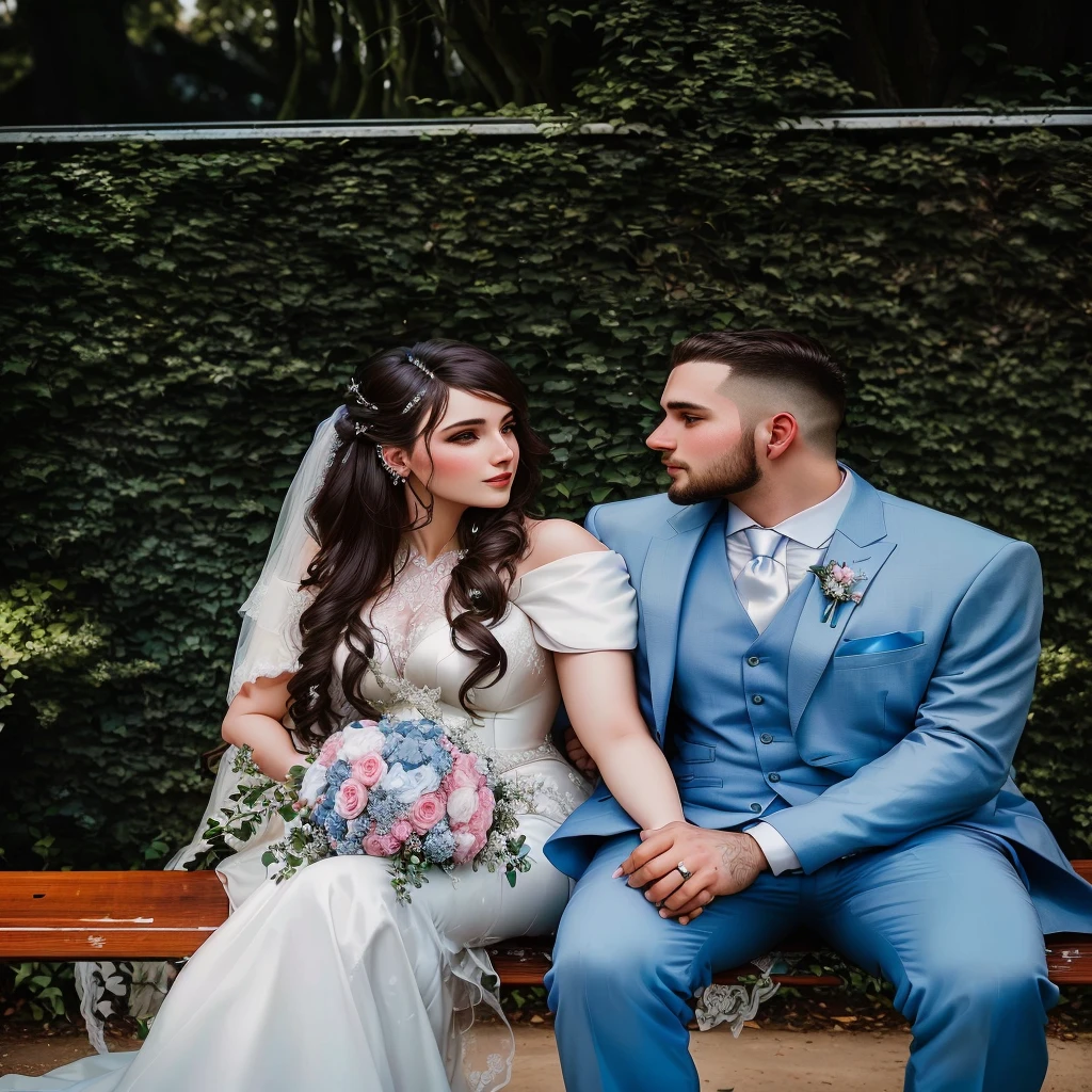 bride and groom sitting on a bench in front of a hedge, bride and groom, wearing a light blue suit, couple portrait, couple portrait, jovana rikalo, Lovely couple, 🤬 🤮 💕 🎀, blue suit-petróleo, wedding photo, blue suit, photo of a beautiful, casal feliz, looking at side