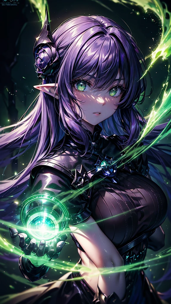 ((Close-up portrait of a girl with green eyes)), with glowing purple eye light, Violet luminous rays, dark fantasy portrait, Portrait in profile, (Cheeky face). Dark Fantasy, realistic 4k digital art, realistic 4k digital art, dark fantasy portrait, Dark Fantasy Digital Art, (Dark), But detailed digital art, sexy girl with green eyes, ((Gloomy color scheme:1,5)), 4k detailed digital art, Green glowing eyes, (NSFW), (A very dark room, little light, Low visibility)). (Strong shadow:1,6). twilight.detailed eyes, detailed hands,elf woman, detailed HANDS