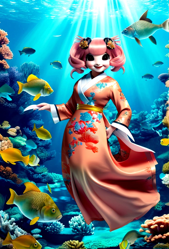 a carp with a wig, with a backdrop under the sea with a Japanese dress