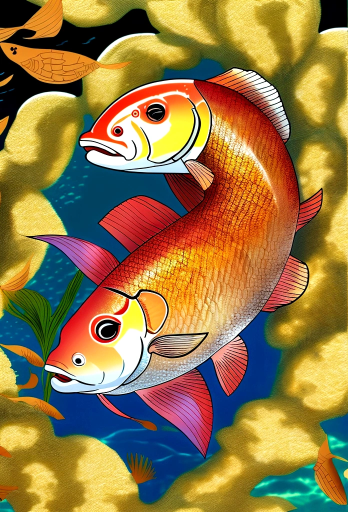 a carp with a wig, with a backdrop under the sea with a Japanese dress