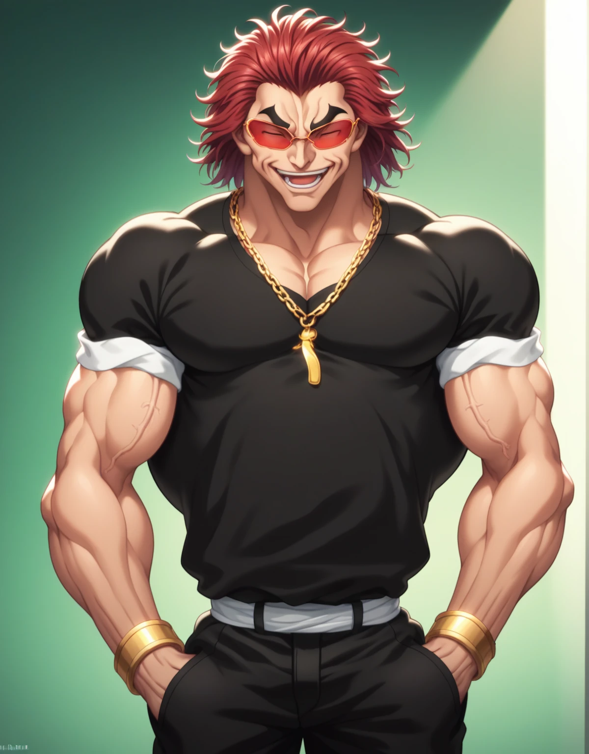 score_9, score_8_up, score_7_up, YujiroHanma, 1boy, male focus, solo, black shirt, chain necklaces, bracelets, gold, sunglasses, red-tinted eyewear, muscular male, black pants, short sleeves, close eyes, red hair, manly, veins, dynamic lighting, extremely detailed, cowboy shot, neutral pose, slouching, hands in pockets, mouth open, smile, laugh, very veiny, glare, green background