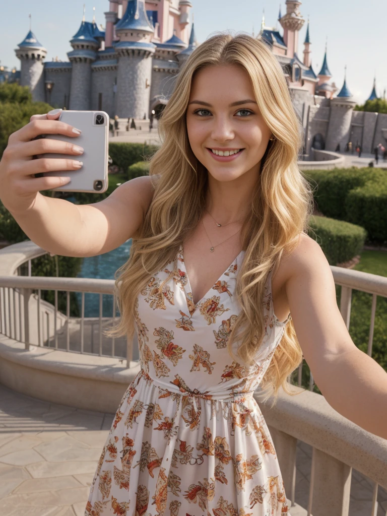 1 girl, solo, ((ugly:1.4)), ((Croatian woman)), sharp image, name is Sauri, (25 years old), (((consistent face and image))), (long blonde wavy hair), (((Croatian face and nose))), (upper body and upper legs)), (slim), (wearing printed classy summer dress), posing overlooking Disneyland Paris, smiling, ((mature and smirking)), (((selfie shot)))
