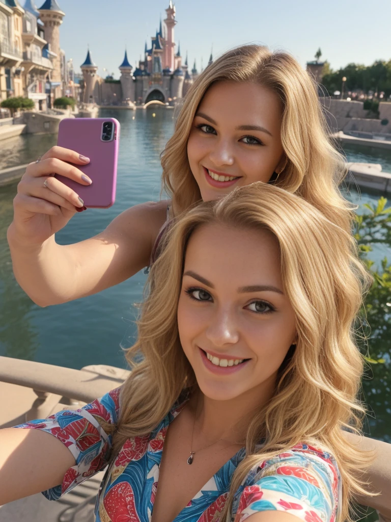 1 girl, solo, ((ugly:1.4)), ((Croatian woman)), sharp image, name is Sauri, (25 years old), (((consistent face and image))), (long blonde wavy hair), (((Croatian face and nose))), (upper body and upper legs)), (slim), (wearing printed classy summer dress), posing overlooking Disneyland Paris, smiling, ((mature and smirking)), (((selfie shot)))