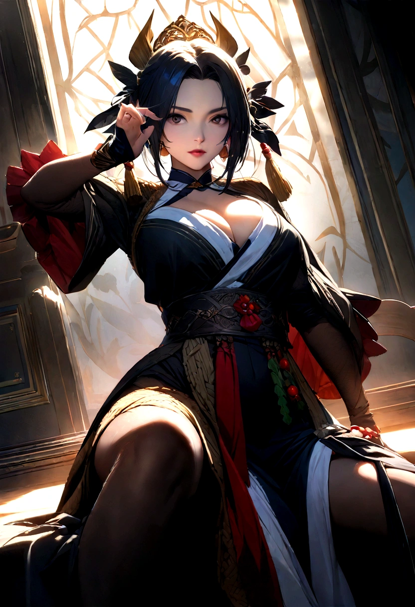 lora:flat:-1.2, masterpiece, best quality, 4k, 8k, 1 woman, solo, pale skin, tall stature, long hair, blunt bangs, side braid, black hair, ugly face, bad face, bad eyes, droopy eyes, unclear eyes, ruby red eyes, lemon yellow eyes, pale skin, black eyeliner, black eye shadow, heterochromia, slender frame, frightened, ofuda, jiangshi costume:1.2, sheath long skirt, China dress, fang, horror, coffin, forest, dark night, stormy weather, fog, from front, cowboy shot, look at viewer, paw pose,