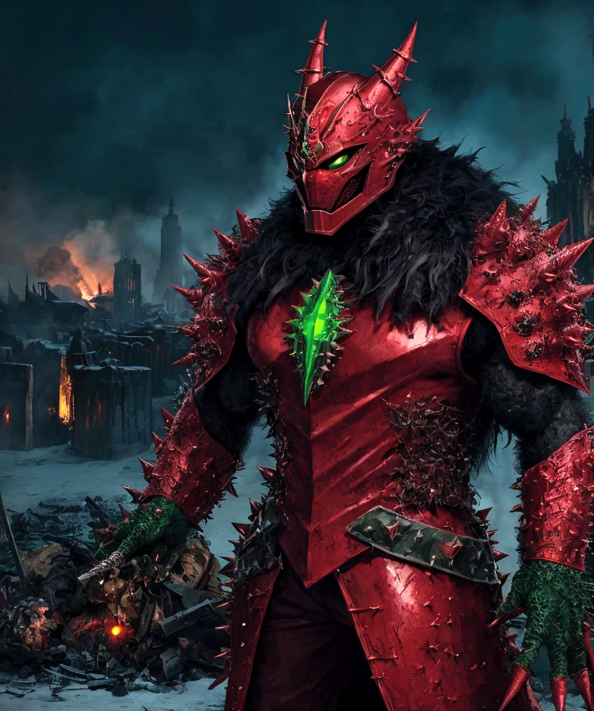 (extremely detailed 8k wallpaper), a medium shot photo of  Grim dressed as a scary masked red and green furry-supervillain in a red and green spiked armour made of fur glowing armour with spikes from marvel, theme, intricate, high detail, dramatic, furry monster and destroyed buildings in the background