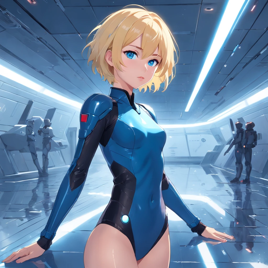 ************ Women, ((Blonde)), ((Blue eyes)), ((Short hair)), ((Full shot)), very detailed makeup, pale pink lipstick, wear sexy black body suite, standing in a Battlestar in front of a space fighter ((wet floor))