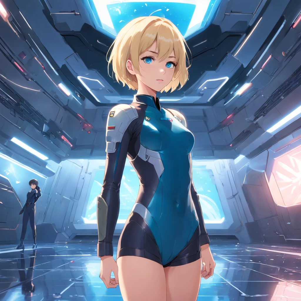 17 years old Women, ((Blonde)), ((Blue eyes)), ((Short hair)), ((Full shot)), very detailed makeup, pale pink lipstick, wear sexy black body suite, standing in a Battlestar in front of a space fighter ((wet floor))