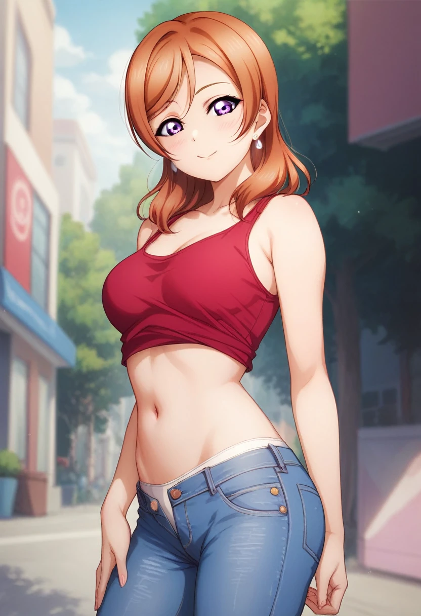 Masterpiece, love live,sexy,facial details,solo, detailed body part details, cowboy shot, navel, breasts,8k wallpaper, looking at viewer, nishikino maki, low waisted jeans pants, white underwear, red leopard printed tank top, earrings,in street, earrings, purple eyes, standing 