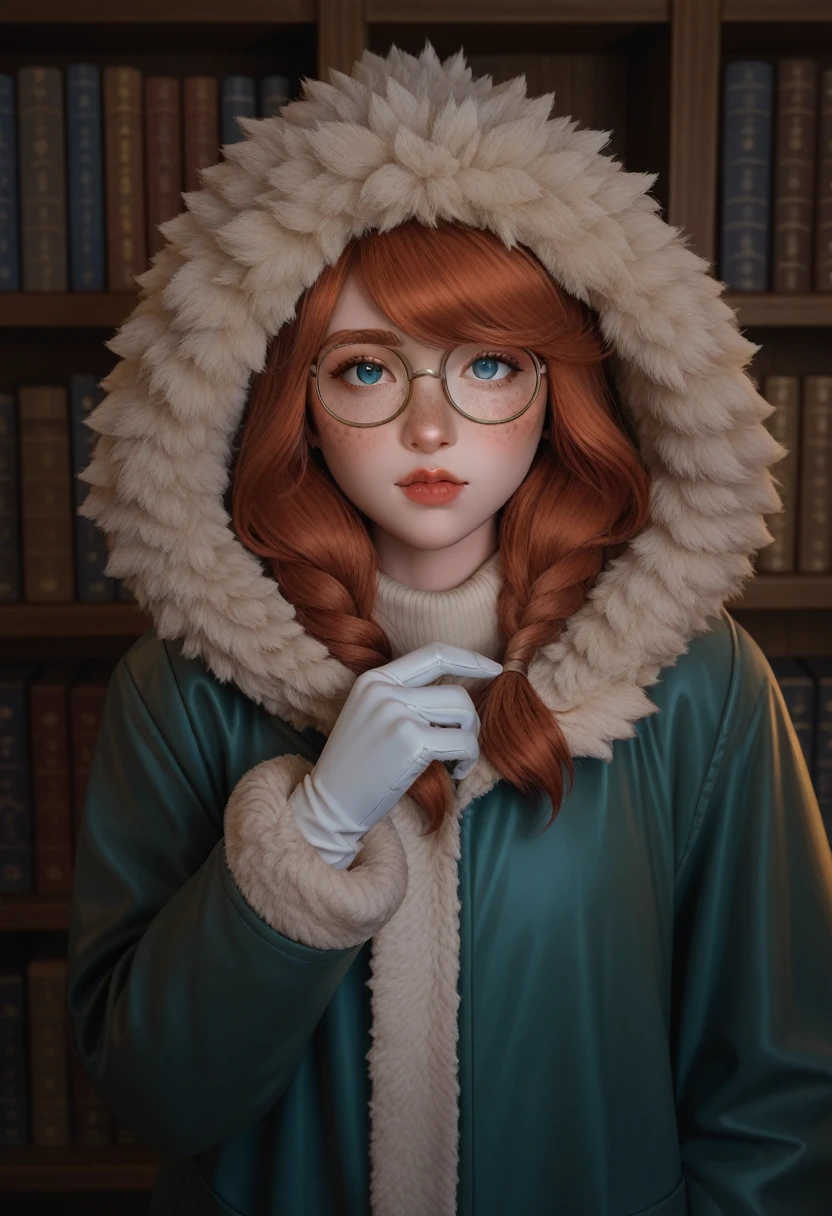 check_9, check_8_up, check_7_up, Polar Lights (League of Legends), 1 girl, freckles, bang, Hair, green raincoat, fur trim, hood up, the library, round glasses, opaque glasses, White gloves, Half naked