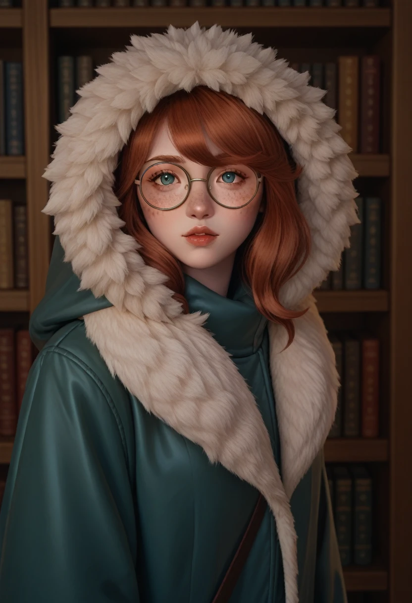 check_9, check_8_up, check_7_up, Polar Lights (League of Legends), 1 girl, freckles, bang, Hair, green raincoat, fur trim, hood up, the library, round glasses, opaque glasses, White gloves, Half naked