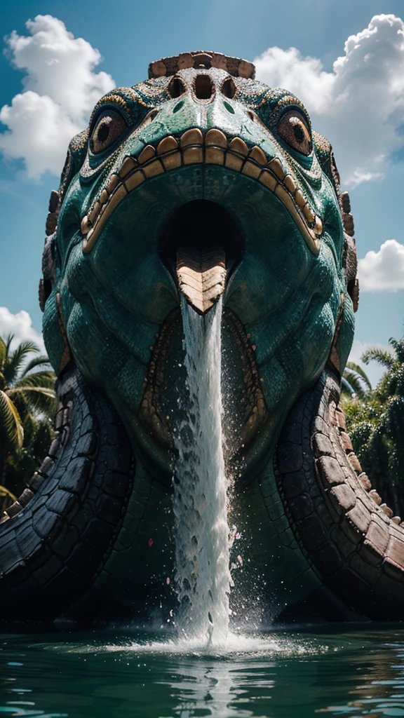 Cipactli the great colossal beast half crocodile half fish with 18 mouths that swims in the heavenly waters fighting with Quetzalcoatl the enormous feathered serpent