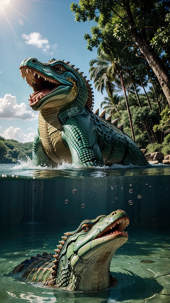 Cipactli the great colossal beast half crocodile half fish with 18 mouths that swims in the heavenly waters fighting with Quetzalcoatl the enormous feathered serpent