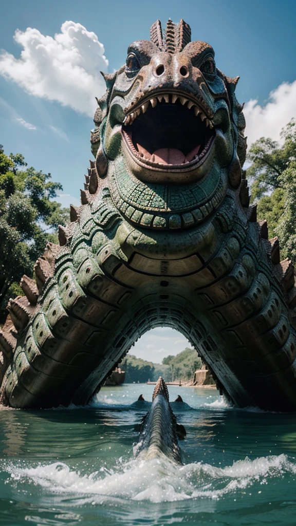 Cipactli the great colossal beast half crocodile half fish with 18 mouths that swims in the heavenly waters fighting with Quetzalcoatl the enormous feathered serpent