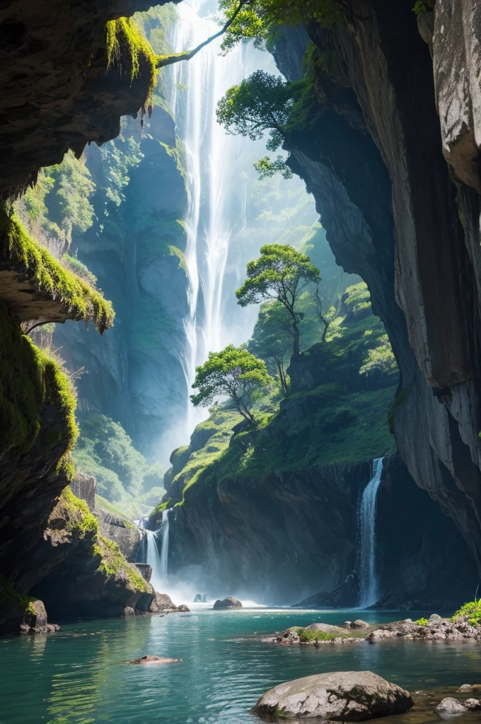 landscapes, waterfall, tree, cavern