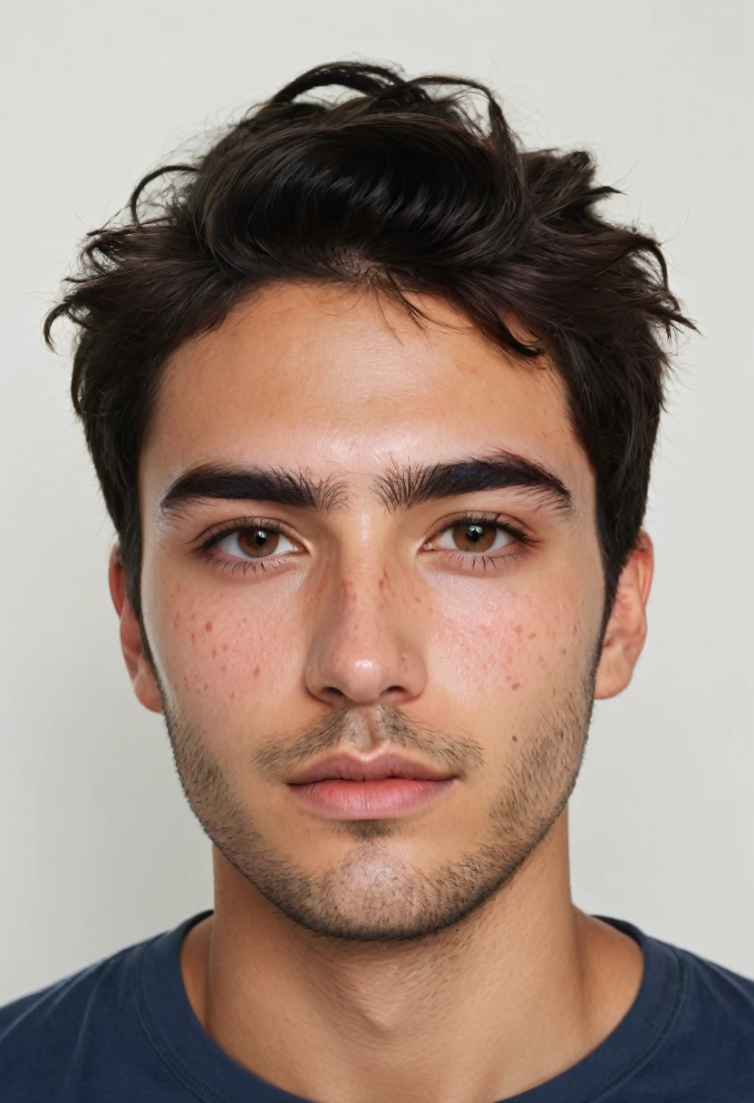 A white young man with a ((rectangular face)), Brazilian, appearing to be around 25 years old. He has black hair, short and slightly messy in the front, with some strands falling over his forehead. His skin shows signs of dermatological irritation, with visible redness in the forehead area, mainly between the eyebrows and nose, as well as red spots on the cheeks and jaw. His face is beatiful, with well-defined facial features. He has large, dark eyes, thin, contoured eyebrows and a straight nose. His lips are medium in size, and he has stubble, indicating that he has not shaved recently. Handsome,beatiful, epic photo