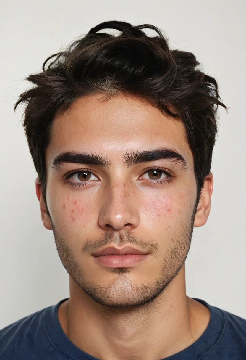 A white young man with a ((rectangular face)), Brazilian, appearing to be around 25 years old. He has black hair, short and slightly messy in the front, with some strands falling over his forehead. His skin shows signs of dermatological irritation, with visible redness in the forehead area, mainly between the eyebrows and nose, as well as red spots on the cheeks and jaw. His face is beatiful, with well-defined facial features. He has large, dark eyes, thin, contoured eyebrows and a straight nose. His lips are medium in size, and he has stubble, indicating that he has not shaved recently. Handsome,beatiful, epic photo