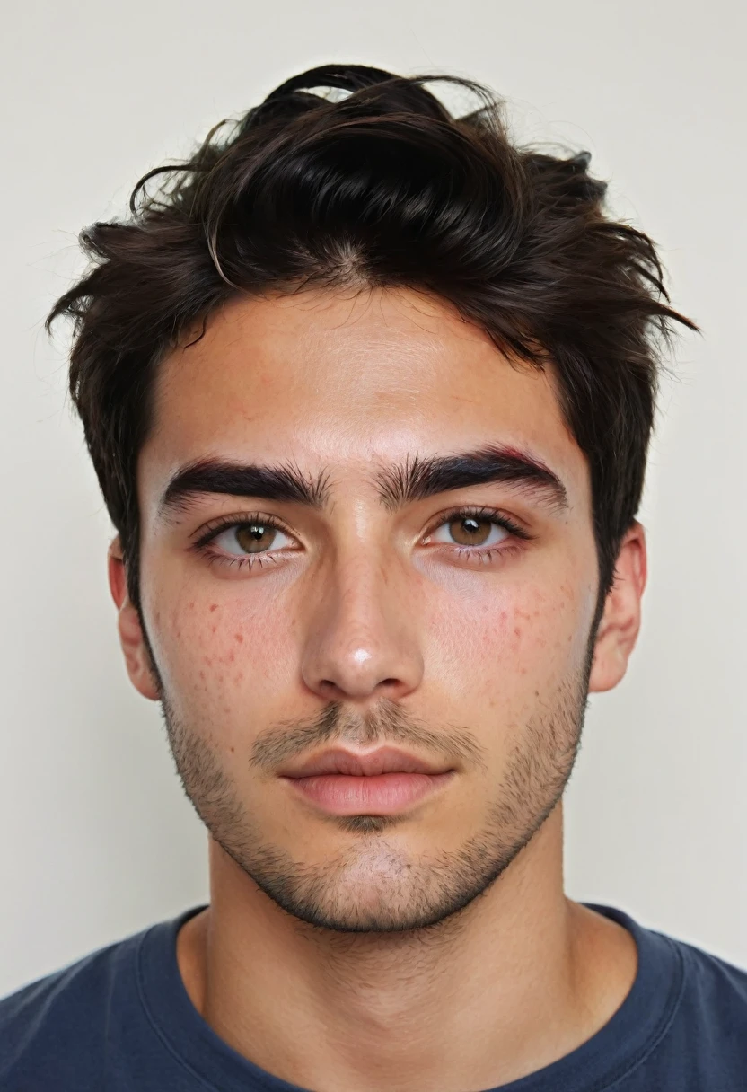 A white young man with a ((rectangular face)), Brazilian, appearing to be around 25 years old. He has black hair, short and slightly messy in the front, with some strands falling over his forehead. His skin shows signs of dermatological irritation, with visible redness in the forehead area, mainly between the eyebrows and nose, as well as red spots on the cheeks and jaw. His face is beatiful, with well-defined facial features. He has large, dark eyes, thin, contoured eyebrows and a straight nose. His lips are medium in size, and he has stubble, indicating that he has not shaved recently. Handsome,beatiful, epic photo