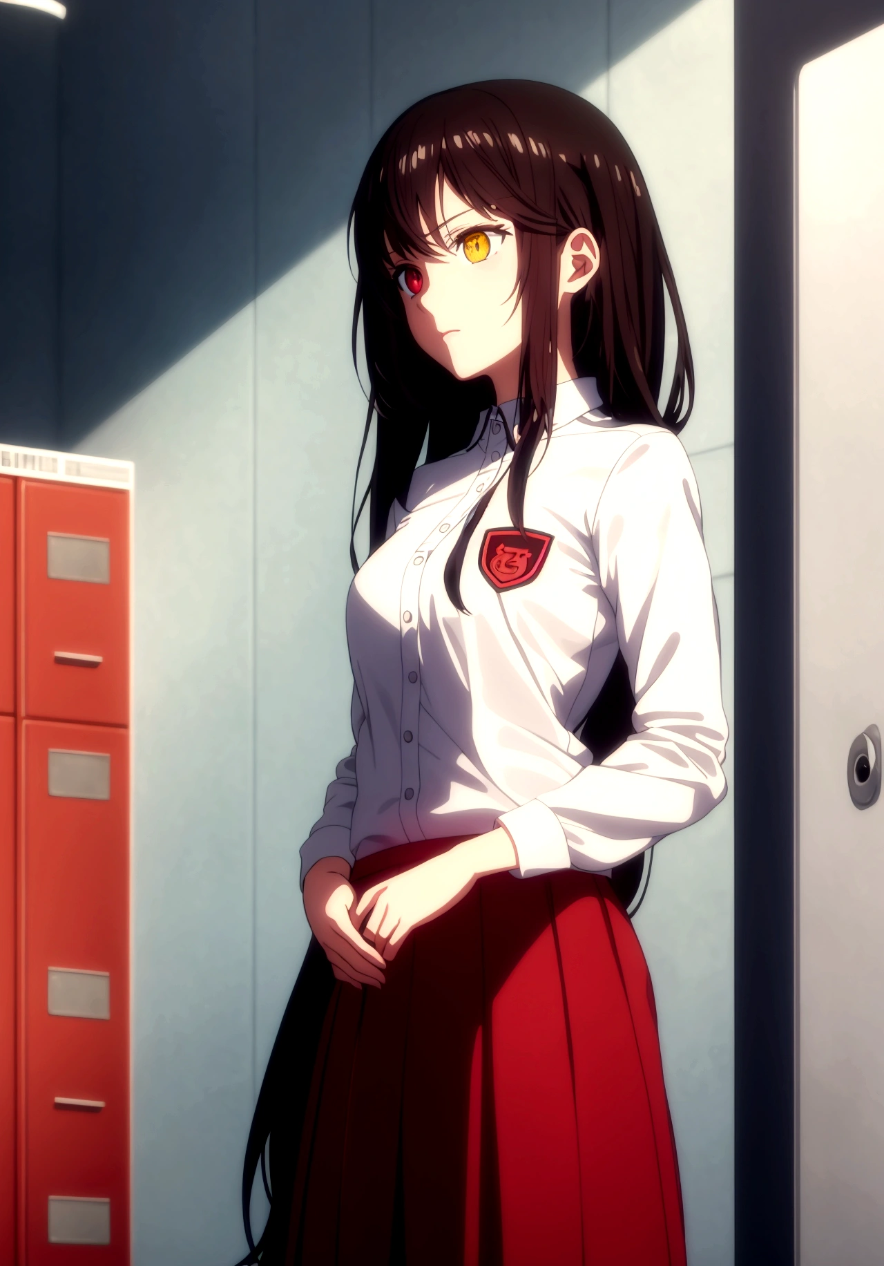 ultra-detailed,highly detailed,best quality,masterpiece,illustration, 
The image features an anime-style character with long, dark hair and heterochromatic eyes—one red and one yellow. The character is wearing a white sports shirt with red accents and a matching red skirt. The setting appears to be a locker room or a sports equipment room, as there are clothes and uniforms hanging in the background. The character's pose, with hands on hips and a slightly tilted head, suggests confidence or curiosity. The lighting is soft, casting gentle shadows and giving the scene a somewhat realistic touch despite its animated nature.