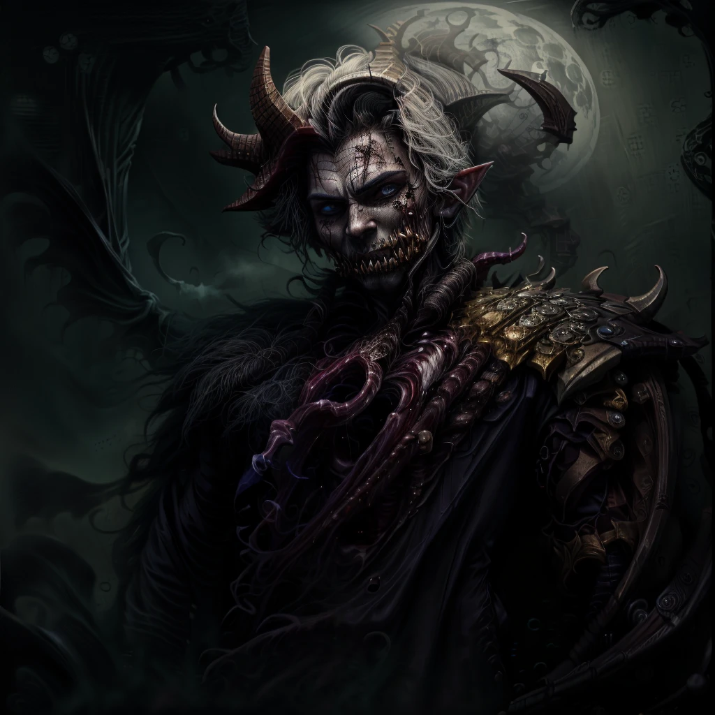 image of a man in a dark suit against the backdrop of the full moon, dark fantasy portrait, portrait of a blood hunter, dark fantasy art, dark fantasy character design, Fantasy portrait, Epic fantasy portrait, portrait of the old necromancer, dark fantasy, mixed with realism, wide mouth with fangs, sharp teeth, torn mouth, teeth like a monster, Human, красивый Human средних лет, gothic outfit, medieval outfit, bright background, without horns, no demons, Normal hair