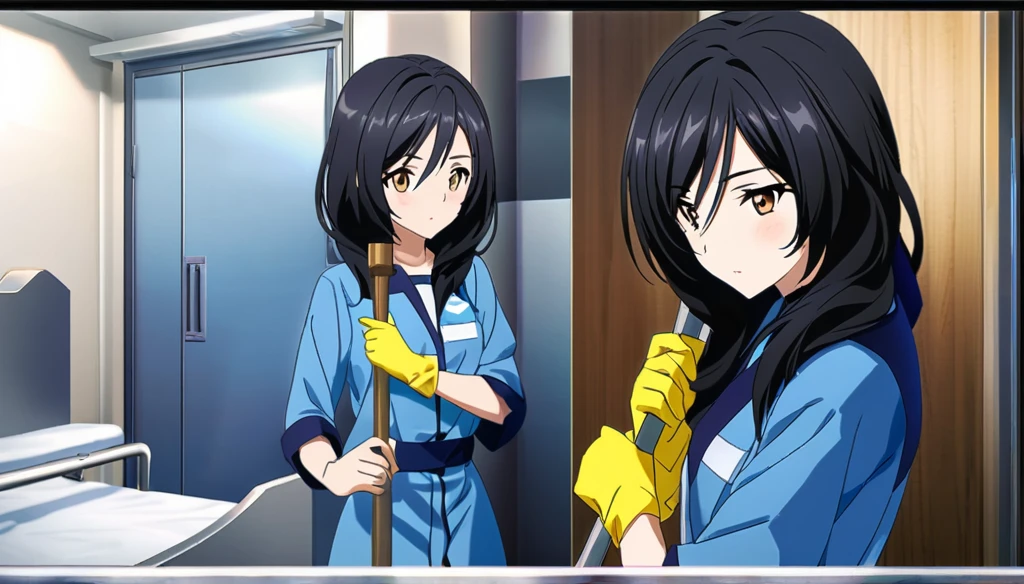 (Anime Infinite Stratus Art, 8k, ultra full high definition, epic quality, epic texture). The theme is hospital hygiene. The setting is a hospital room, very detailed. There is a woman, milf, Brazilian, her name is Regina, she is 51 years old, very short estature, she has very long black hair, she has a beautiful face, some expression lines due to her age, light brown eyes, white skin, very skinny, very narrow chest, small breasts, very thin waist, very narrow hips, small and round butt, slender legs, she works with hygiene, wears a very tight full navy blue sanitation uniform, she use long yellow rubber gloves, she holds a broom, black hygiene boots, she is sensual and cheerful, she leaves men enchanted. the atmosphere is calm and sensual.