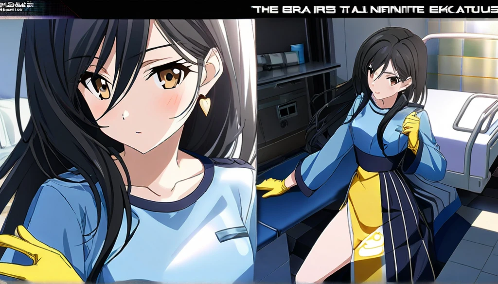(Anime Infinite Stratus Art, 8k, ultra full high definition, epic quality, epic texture). The theme is hospital hygiene.  The setting is a hospital room, very detailed.  There is a woman, Brazilian, her name is Regina, she is 51 years old, very short estature, she has very long black hair, she has a beautiful face, some expression lines due to her age, light brown eyes, white skin, very skinny, narrow chest, small breasts, very thin waist, narrow hips, small and round butt, slender legs, she works with hygiene, wears a very tight full navy blue sanitation uniform, she use long yellow rubber gloves, she holds a broom, black hygiene boots, she is sensual and cheerful, she leaves men enchanted.  the atmosphere is calm and sensual.