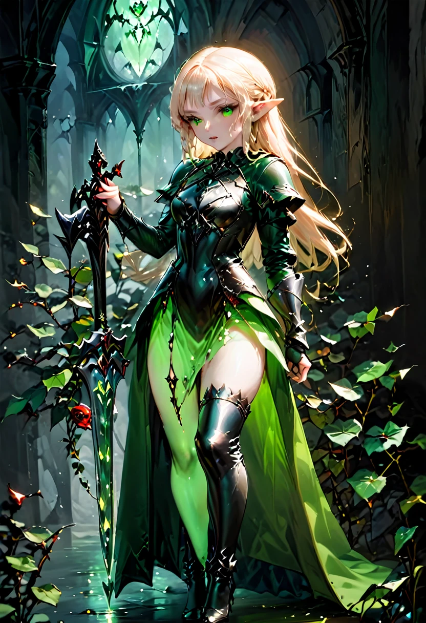 Dark fantasy art, fantasy art, goth art,  a picture of the elf Princess Zelda as vampire, exquisite beauty, full body shot, dark glamour shot, pale white skin, blond hair, long hair, wavy hair, (glowing green: 1.3) eyes, she  wears a (green: 1.3) intricate armor, thigh high heels, , ArmoredDress, the roses are imprinted on the dress (black: 1.4)  black roses betmd, high heells, dark castle porchm, dark, black and colorm, Dark Art Painting Style